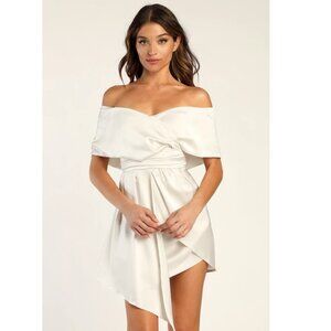 Lulus Champagne Always Celebrating Satin Off Shoulder Mini, #1421476, Sz XL, $56